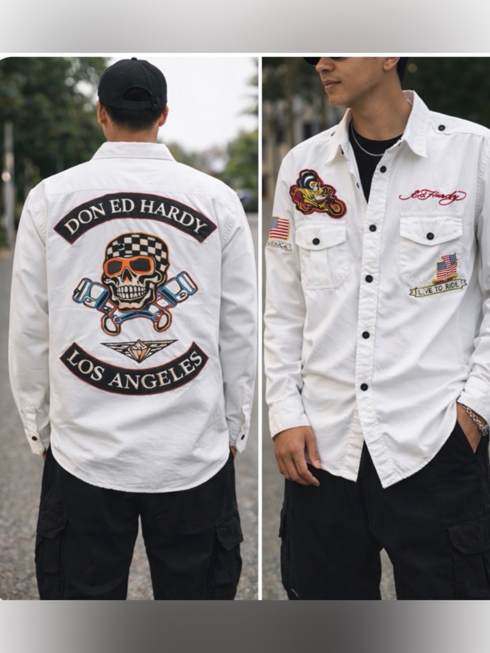 Ed Hardy Los Angeles Skull Graphic Button Down Shirt Mens L White Y2K Biker Rare